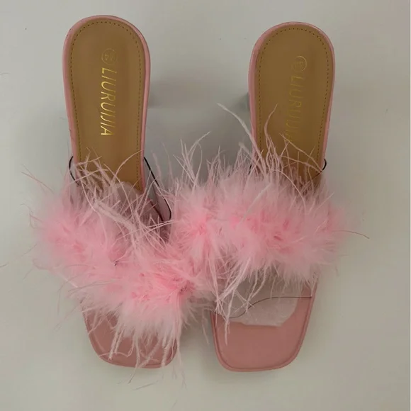 LIURUIJIA Square Toe Feathers High Heel Fur Mules Sandals Size 44 (US 11.5) - Picture 1 of 10